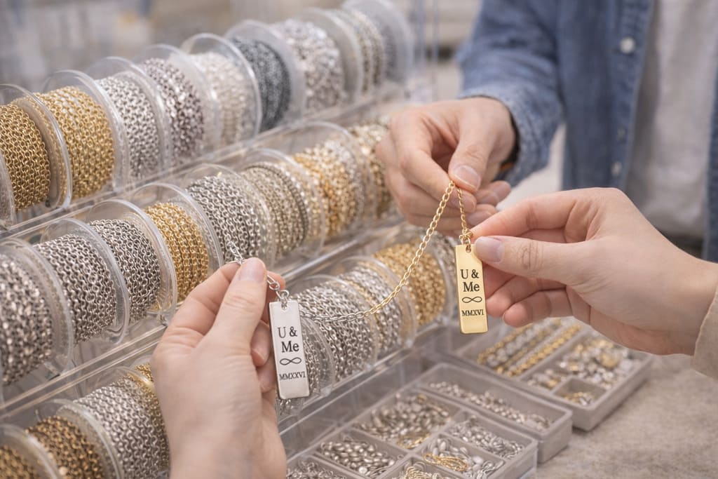 お揃いブレスレットを手作りするために切り売りチェーンの中から好みのチェーンを選んでいる様子