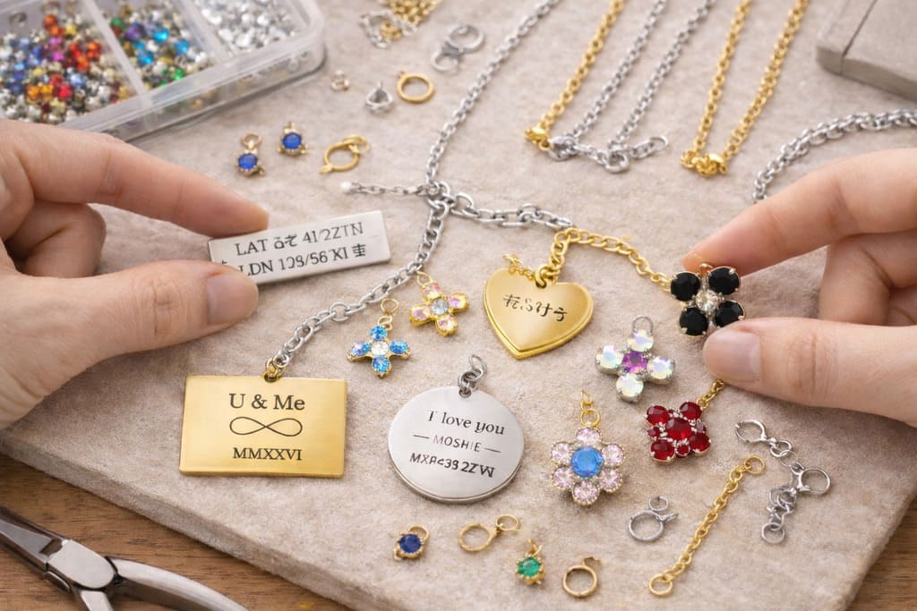 お揃いブレスレットを手作りする工程で刻印プレートやチャームを組み合わせてカスタマイズしている様子