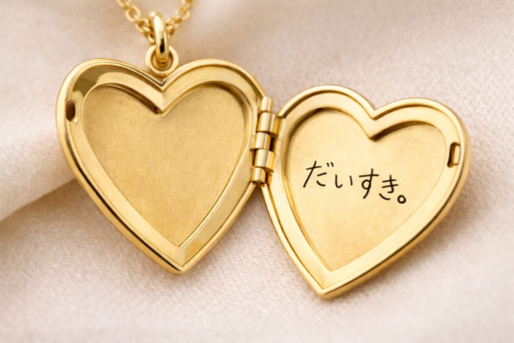 お揃いブレスレットを手作りできるゴールドのハートロケット。だいすき。と刻印されたペアアクセサリー
