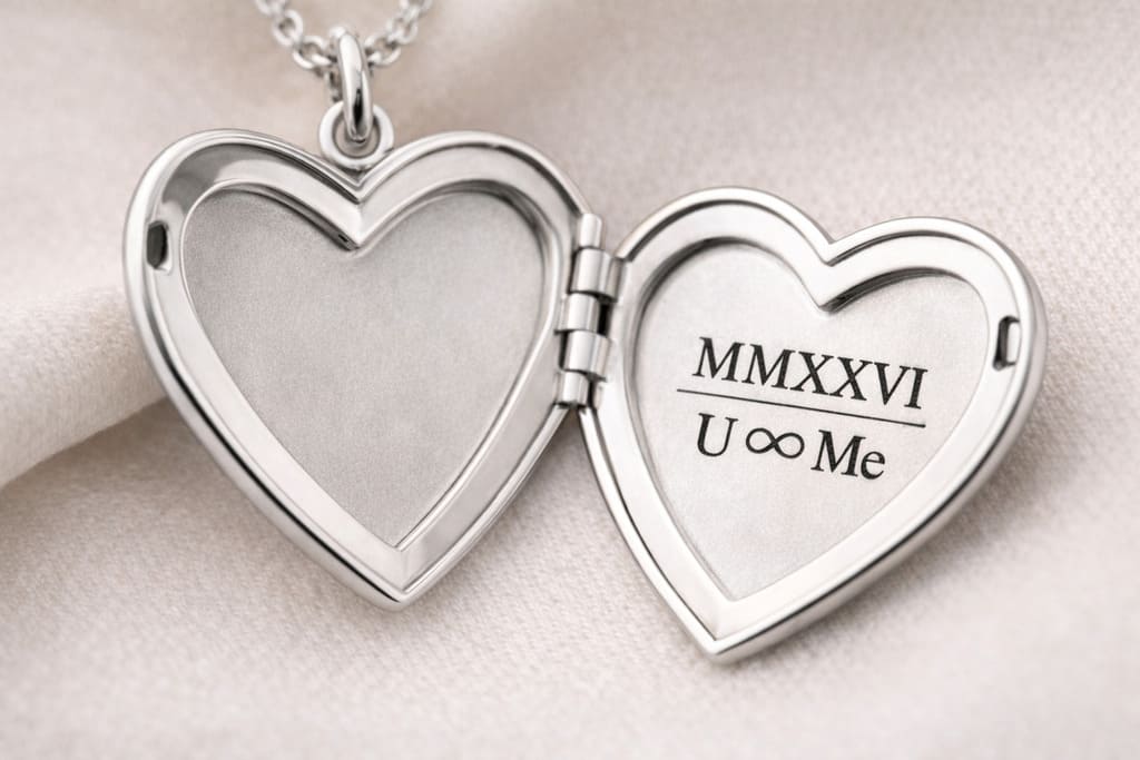 お揃いブレスレット手作りに使えるハート型ロケット。ローマ数字とメッセージ刻印入り