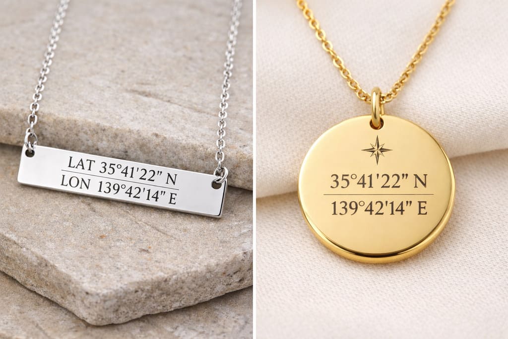 お揃いブレスレットを手作りできる緯度経度刻印プレート。出会った場所を刻んだペアアクセサリー