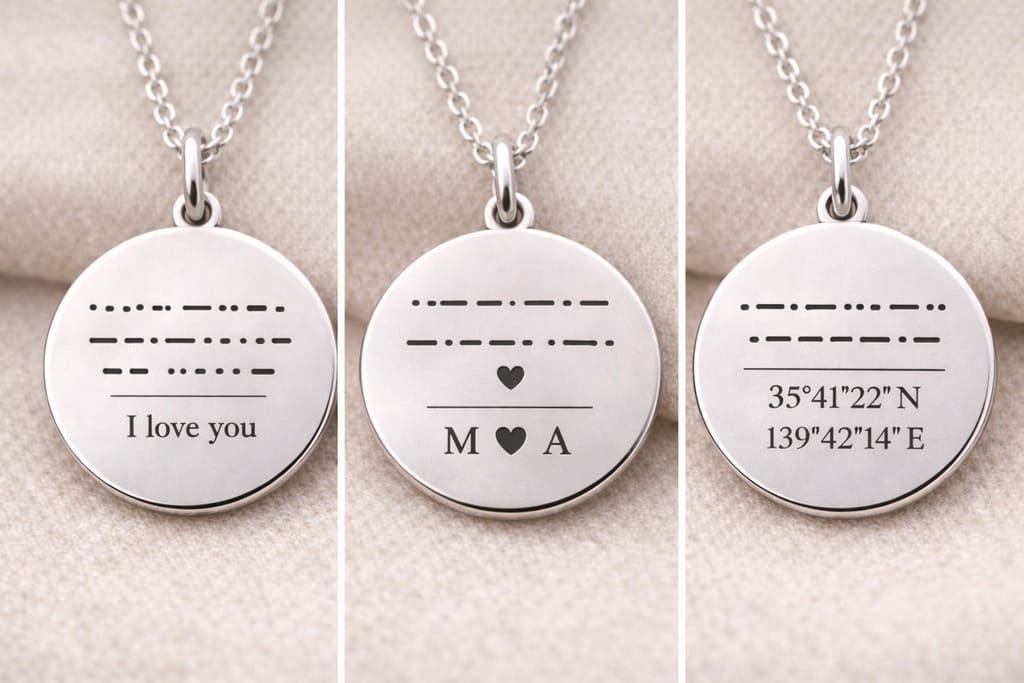 お揃いブレスレットを手作りできる丸型刻印プレート。モールス信号や緯度経度のデザイン例