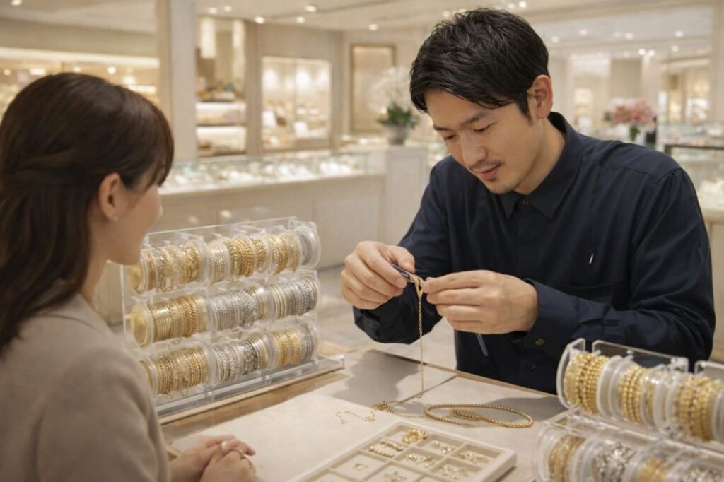 百貨店のアクセサリー ポップアップ会場で、お客様にネックレス修理の説明や提案を行うマリコの専門スタッフ。男性の職人