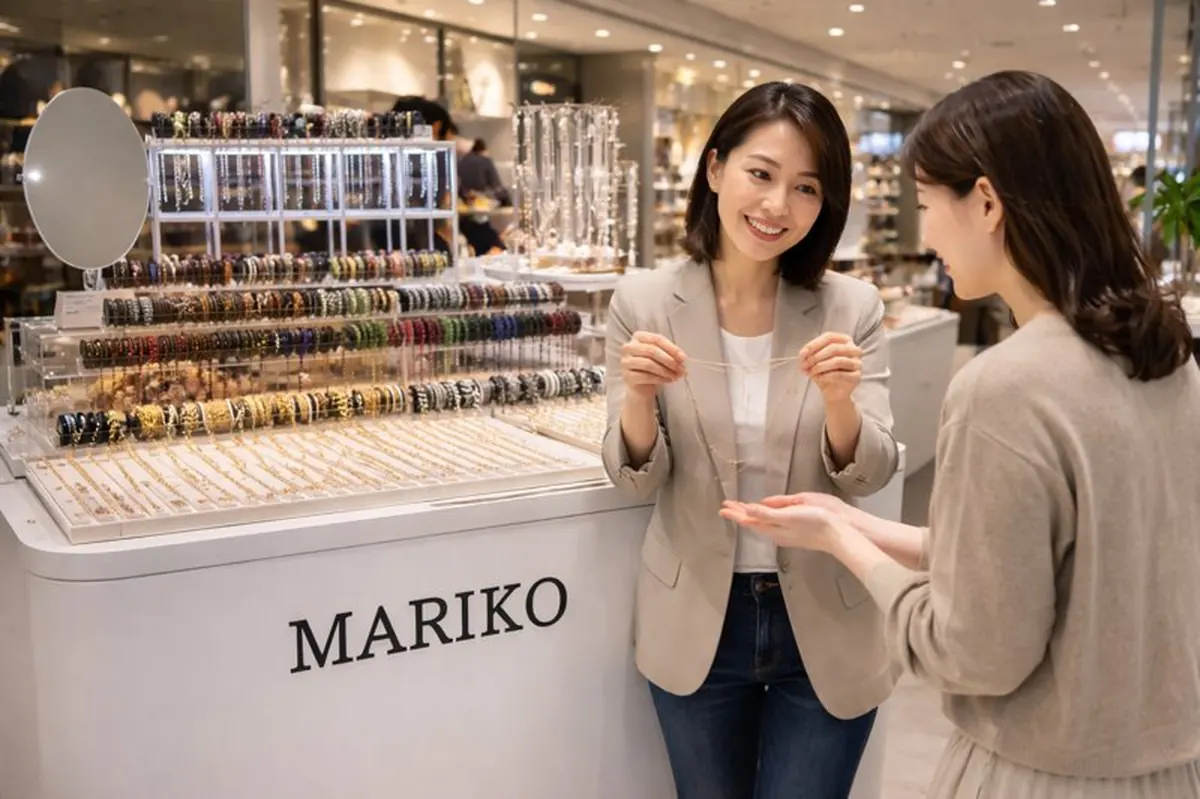 ネックレスチェーンの修理・切り売りのマリコ 大阪・梅田ポップアップ スタッフがネックレスチェーンをご提案する接客シーン