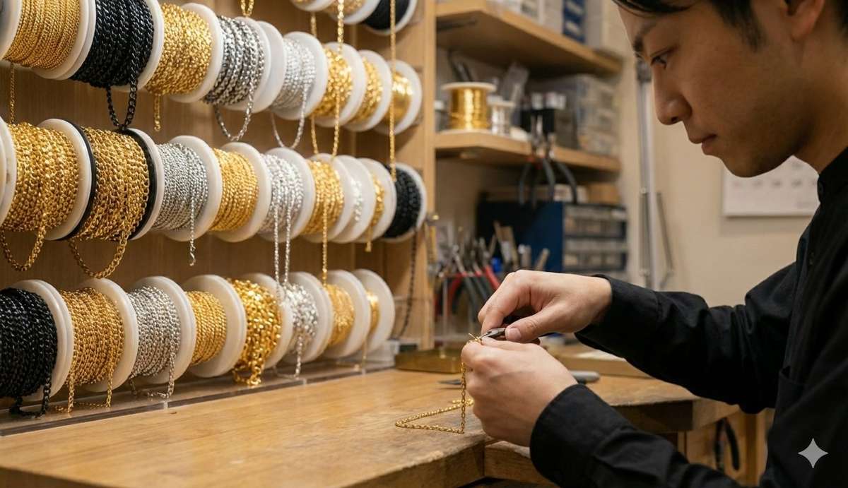 ネックレスチェーンの修理・切り売りのマリコ 東中野工房 職人がチェーンを加工する様子とボビンに巻かれた豊富なチェーン在庫