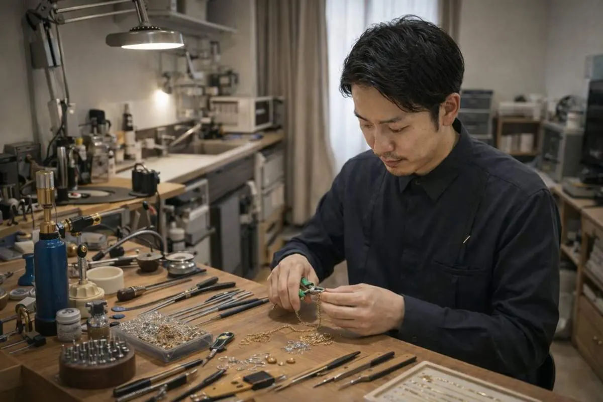 ネックレスチェーンの修理・切り売りのマリコ 東中野工房 チェーン修理・加工の様子