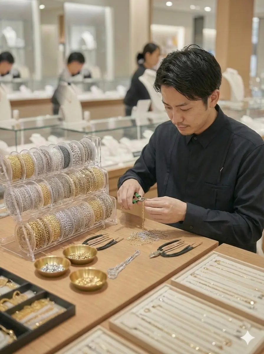 店頭でネックレスチェーンをその場で制作している様子 購入前に種類や長さを相談できるマリコの売り場