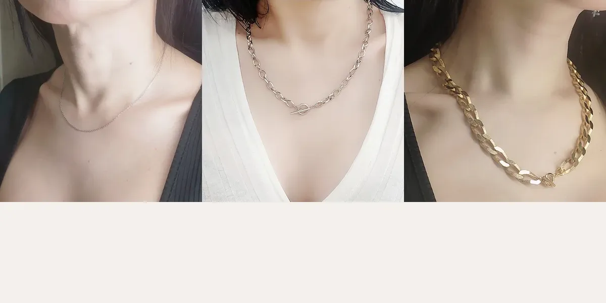40cm・45cm・50cmのネックレスチェーン長さ比較。細いシルバー・オーバルチェーン・喜平チェーンの3種類を着用した違いがわかる比較写真。