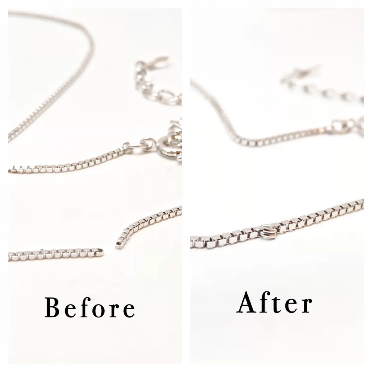 ネックレスチェーンの修理・切り売りのマリコ チェーン切れ修理のBefore/After 丸カンつなぎ修理事例