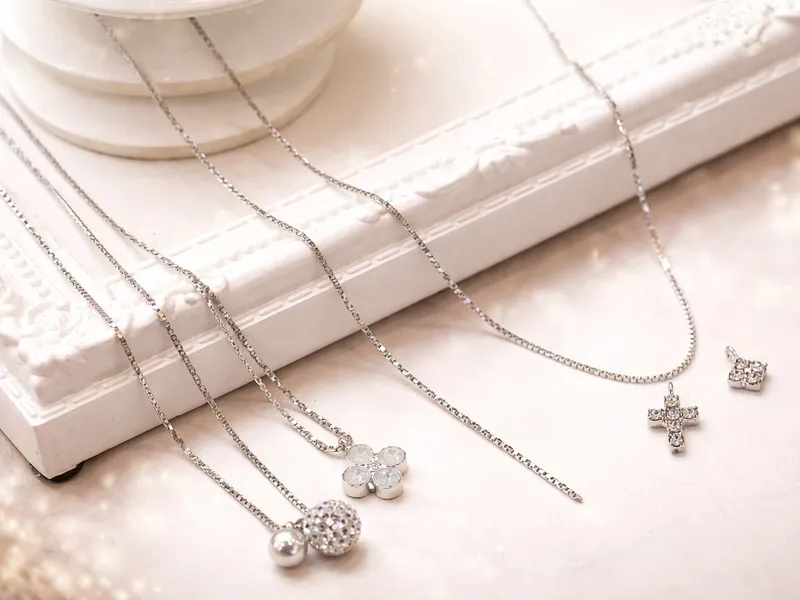 マリコのオーダーメイドネックレス。シルバーチェーンにフラワー・クロス・ボールチャームを組み合わせたフラットレイ。オーストリア製クリスタル使用・加工費無料・最短15分。