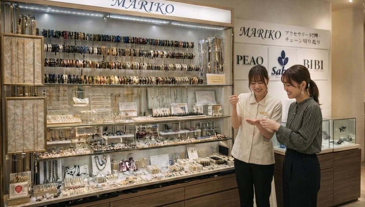 ネックレスチェーンの修理・切り売りのマリコ新宿店 チェーンの切り売り・選び方をご提案するスタッフ