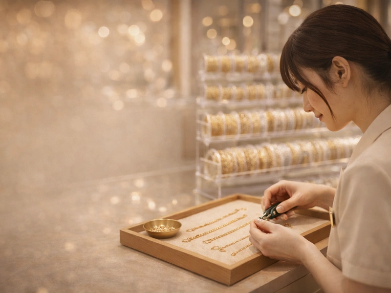 ネックレスチェーン切り売り作業 スタッフがその場でチェーンを仕上げる様子