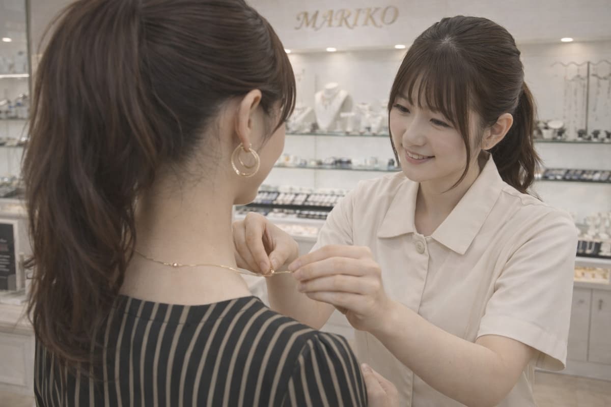 ネックレスチェーンの修理・切り売りのマリコ上野店 チェーンの切り売り・選び方をご提案するスタッフ