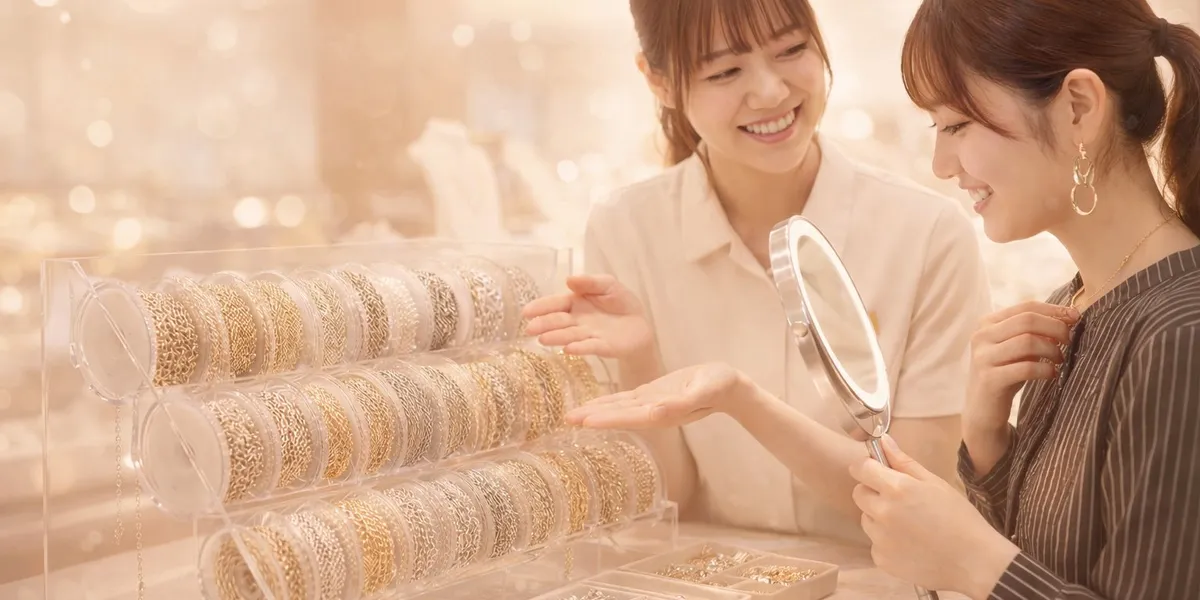 スタッフがお客様にネックレスチェーンの種類を説明している接客シーン。シルバー・ゴールドのチェーンロールを前に、試着しながら選べるチェーン専門店マリコの店内。